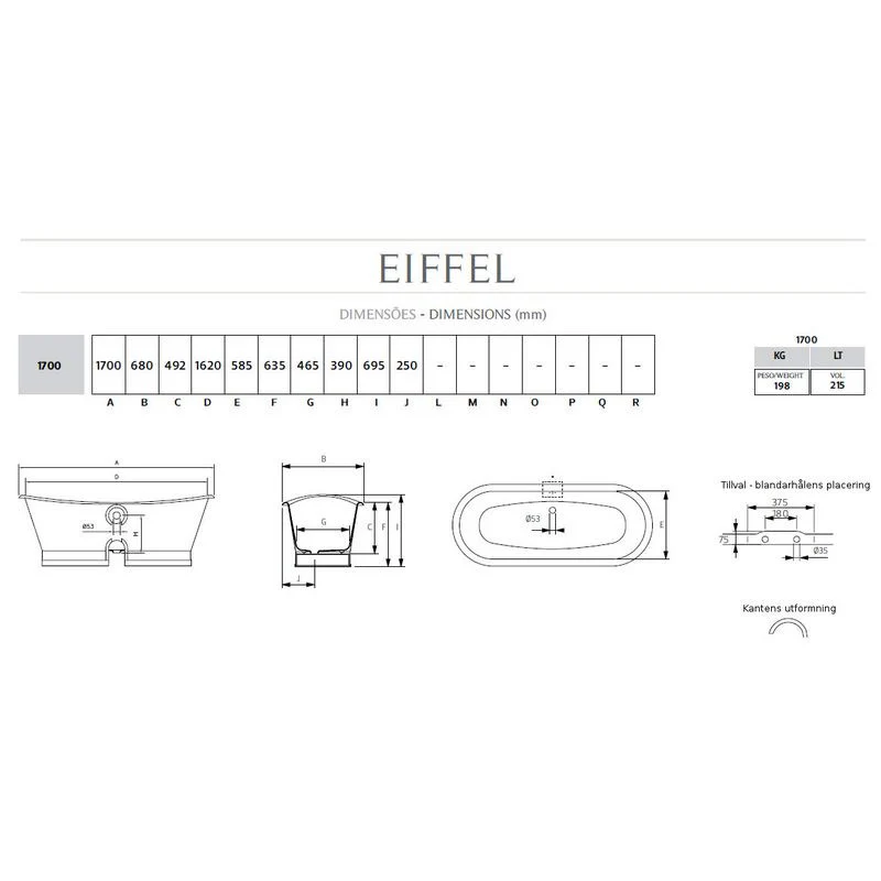 Badkar gjutjärn - Eiffel 170 cm vitt stål - Image 3
