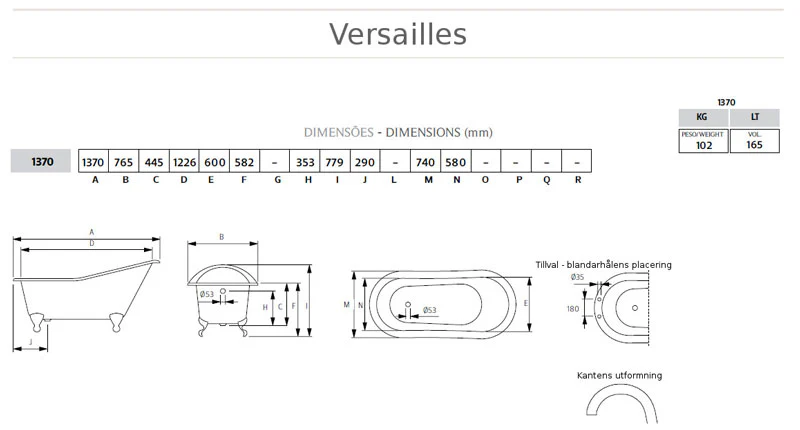 Badkar - Versailles vit gjutjärn med tassar, 137 cm - Image 2