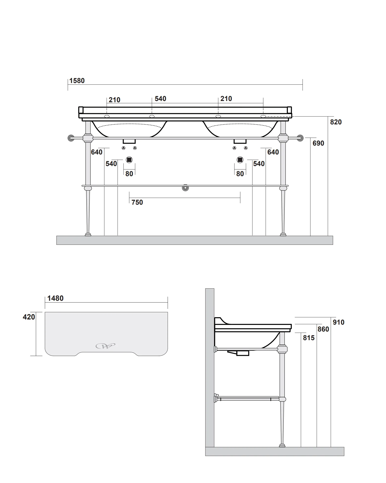 TvÀttstÀll pÄ guldstÀllning & glashylla - Art Deco - Dubbelt 150 cm - Image 3
